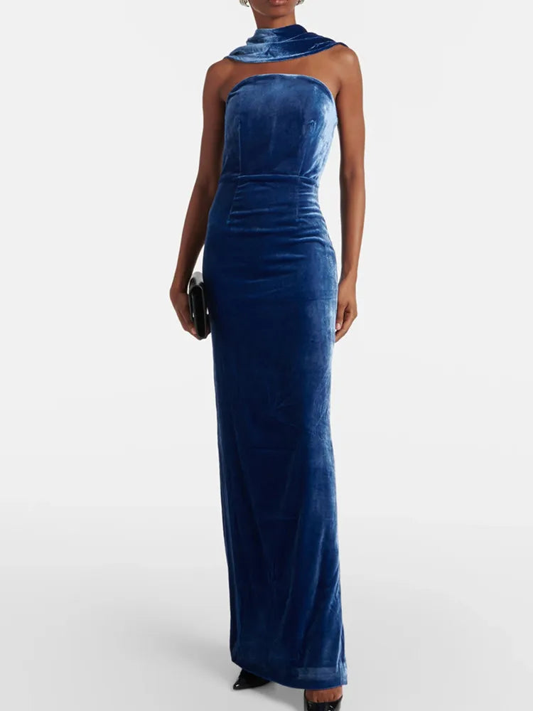 Chic Luxury Women Celebrity Sexy Tank Velvet Blue Maxi Long Gowns Dress 2025 Elegant Evening Party Club Vestido Blue