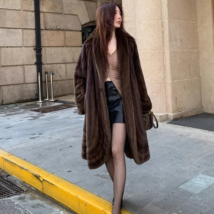 Lautaro Winter Long Luxury Elegant Stylish Thick Warm Fluffy Soft Brown Faux Mink Fur Coat Women Shawl Collar Furry Overcoat