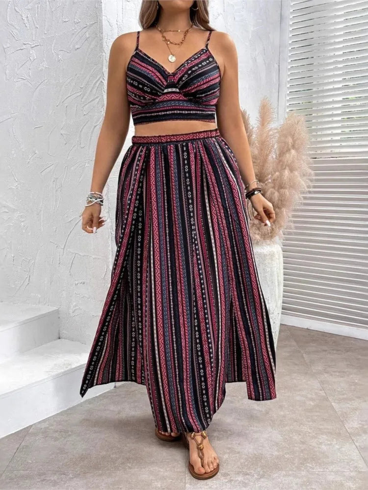 Plus Size Summer Striped Print 2 Two Piece Set Women Sexy Slim Ladies Cropped Sleeveless Slip Tops Split Loose Modis Woman Skirt