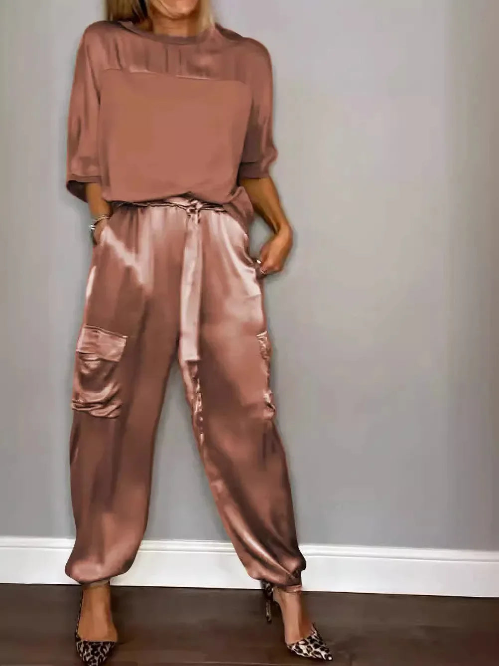 Summer Satin 2 Piece Set Women Casual Solid Color 2 Piece Outfit Half Sleeve Tops Loose Fit Pants Suit Two Piece Sets Brown