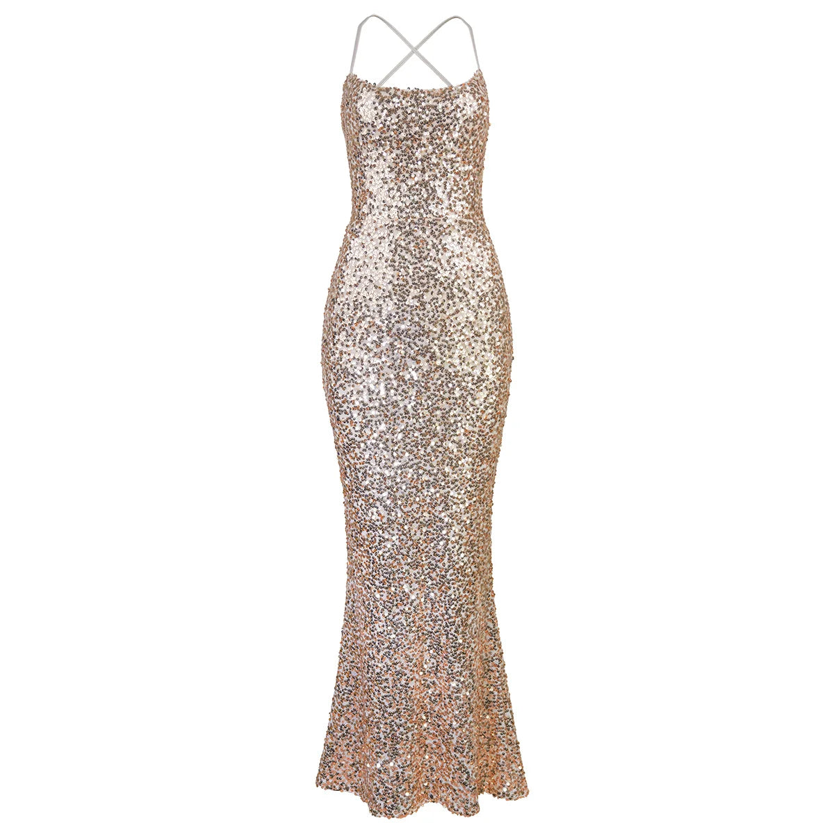 Ailigou New Summer Women's Sexy Sleeveless Backless Sparkling Sequined Crisis Cross Back Lace up Mermaid Evening Dress Gold