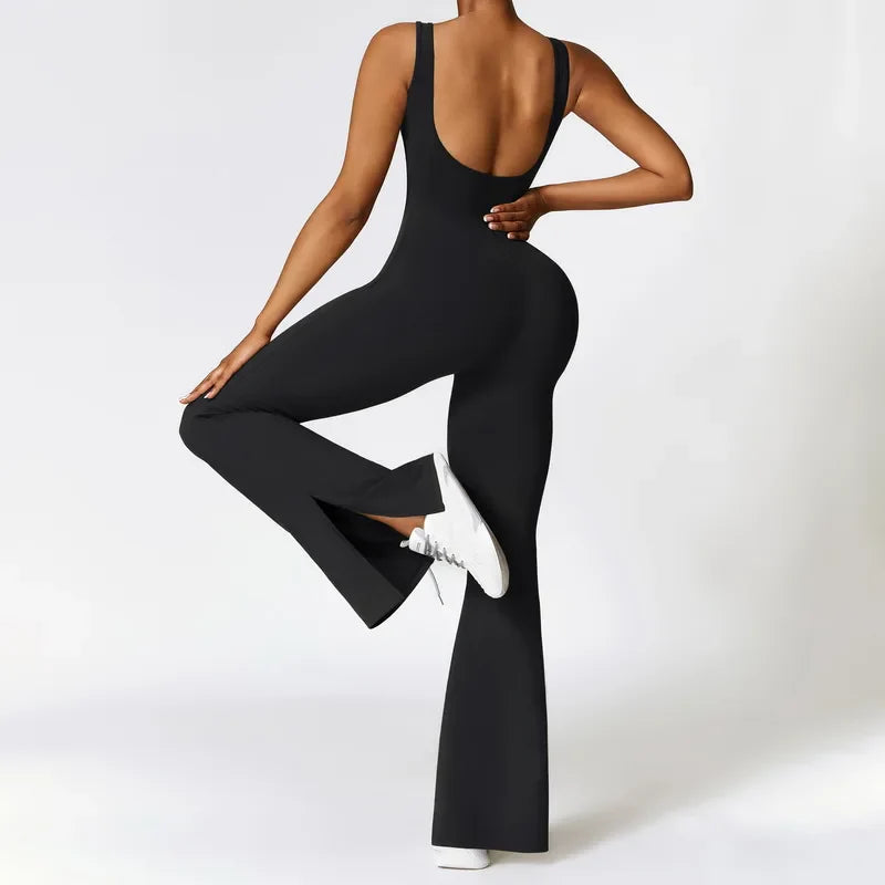 Woman Gym Outfits Fashion Seamless Sporty Jumpsuit With Flare Pants One Piece Yoga Dance Jumpsuit Female Fitness Sport Overalls 1-Black