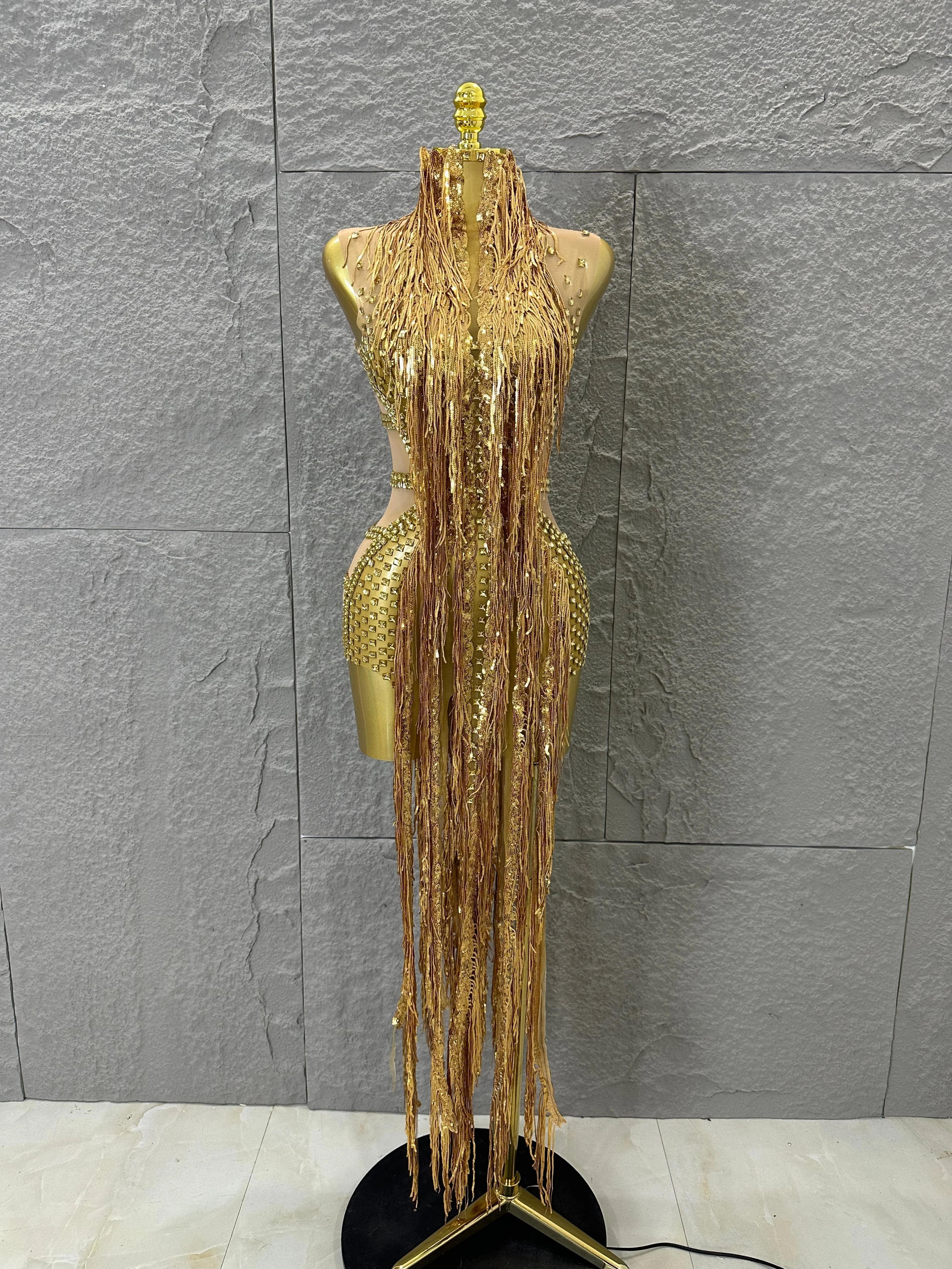 Opulent Gold Halter Neck Mini Dress Women Sexy Crystal Embellished Fringe Trim Form-Fitting Outfit Formal Event Party Costume Gold