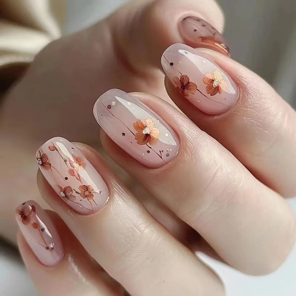 24pcs/set short medium long fake nails Spring flowers flora for St. Patrick's Day faux ongles press on acrylic false nail art 1586