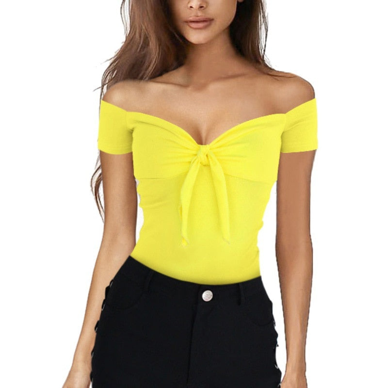 Women Sexy Off Shoulder Tops Shirt Ladies Slim Fit Slight Strech Cotton Blended Solid Bowknot Clubwear Holiday Party Blouse 2024 Yellow