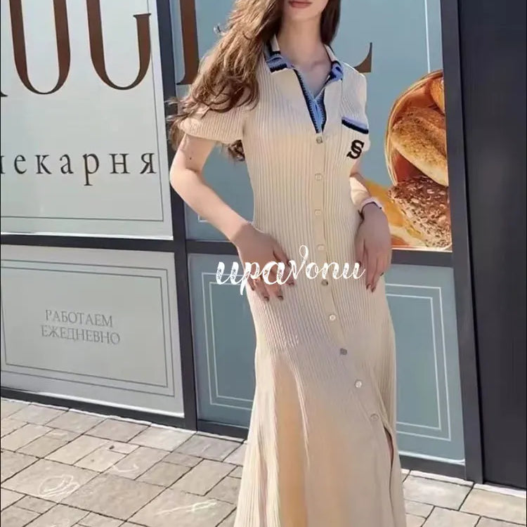 Elegant Women's Slim Fit Knitted Dress Fashionable Polo Neck Short Sleeve Single breasted Design Split Knitted Mid length Dress