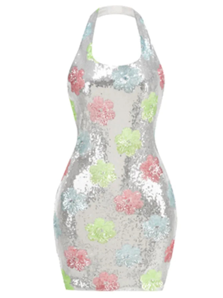 Luxury Women Celebrity Sexy Backless Halter Leaf Mesh Sequins Mini Gowns Dress 2025 Elegant Evening Party Club Vestido