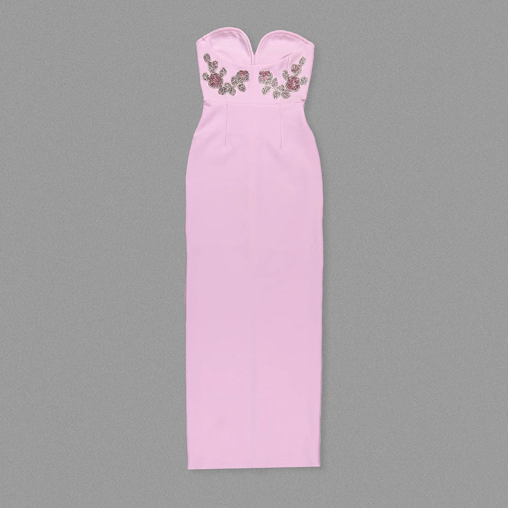Stereoscopic Diamond Flowers Strapless Pink Ankle Lenght Bandage Dress Woman Birthday Party Vestido Celebrity Party Outfit