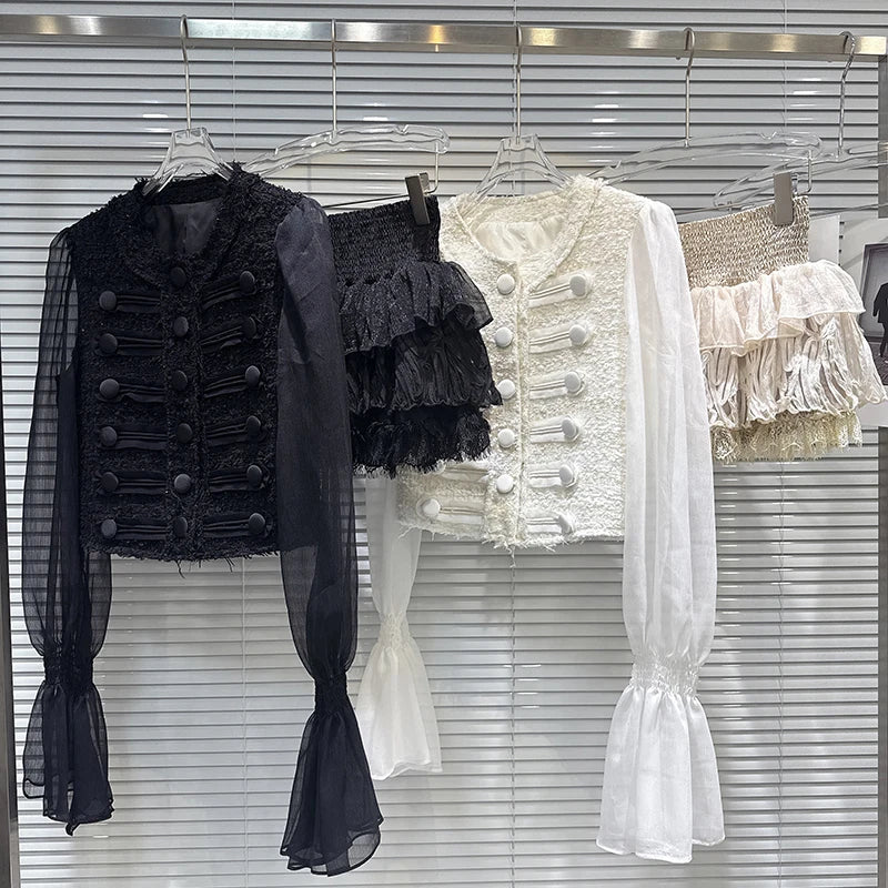 Autumn New Fashion Tweed Mesh Sleeve Short Jacket For Women High Elastic Waist Cake Skirt Female Trend 11A07728