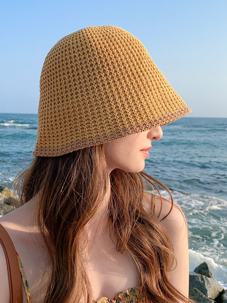 Summer Bicolor Knit Bucket Hat For Woman 2024 Trendy Black Bucket Hat Sun Caps Fashion Trend Charm Y2k Young Girl Kpop Gift Girl