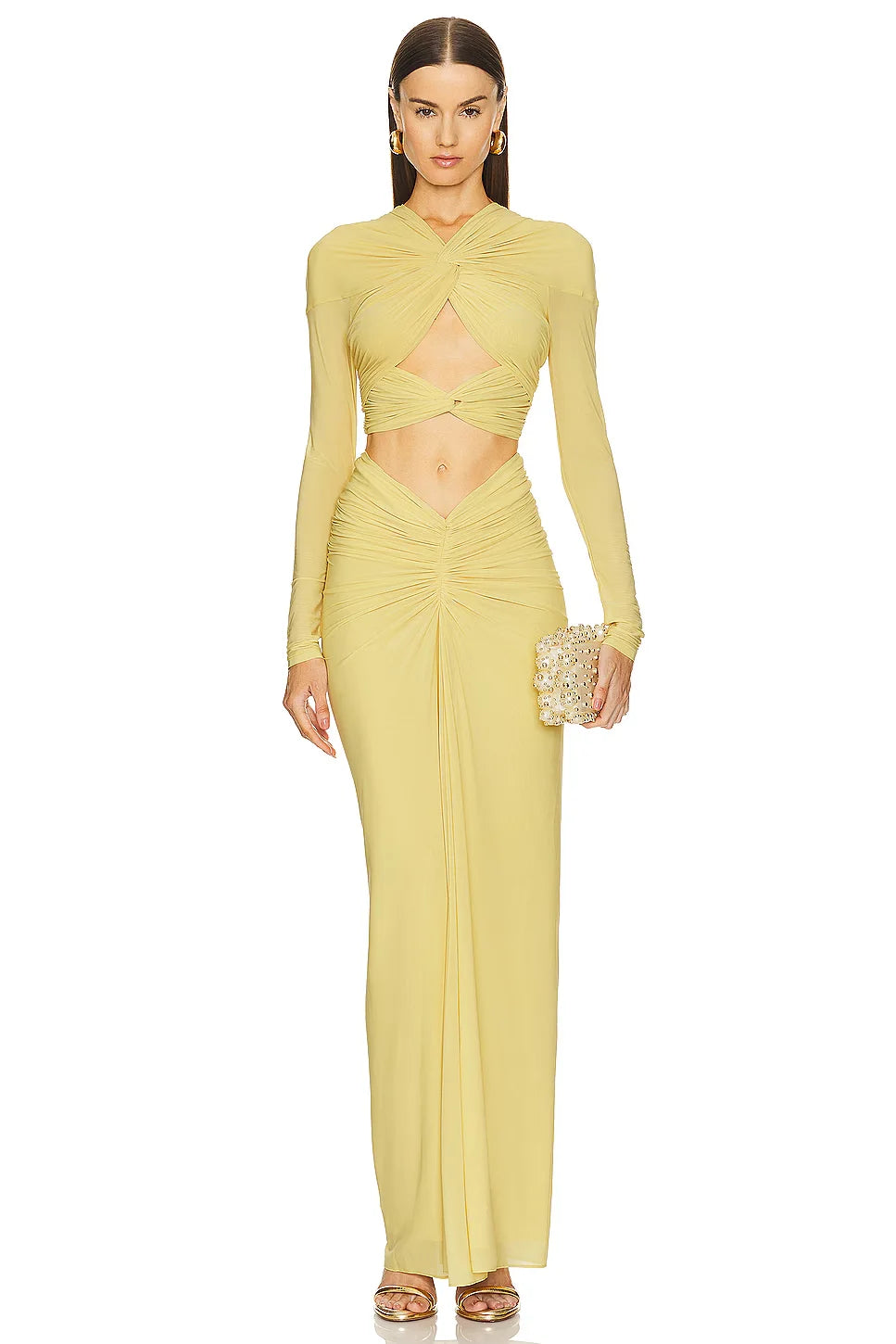 2025 New Spring Women Long Sleeve Sexy Mesh Keyhole Bodycon Long Dress Celebrate Fashion Nightclub Party Cocktail Dress Vestido Yellow