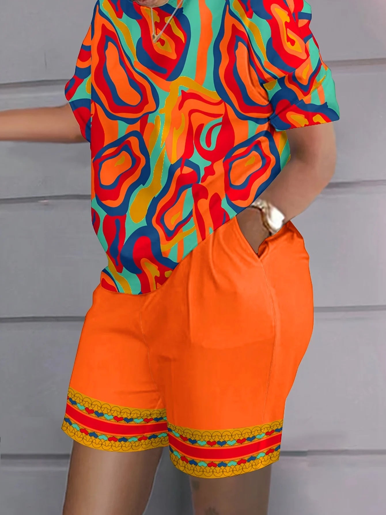 Plus Size 1XL-5XL Women's Colorful Abstract Print Pajama Set Casual Short Sleeve Round Neck T-Shirt & Shorts Summer Loungewear Orange