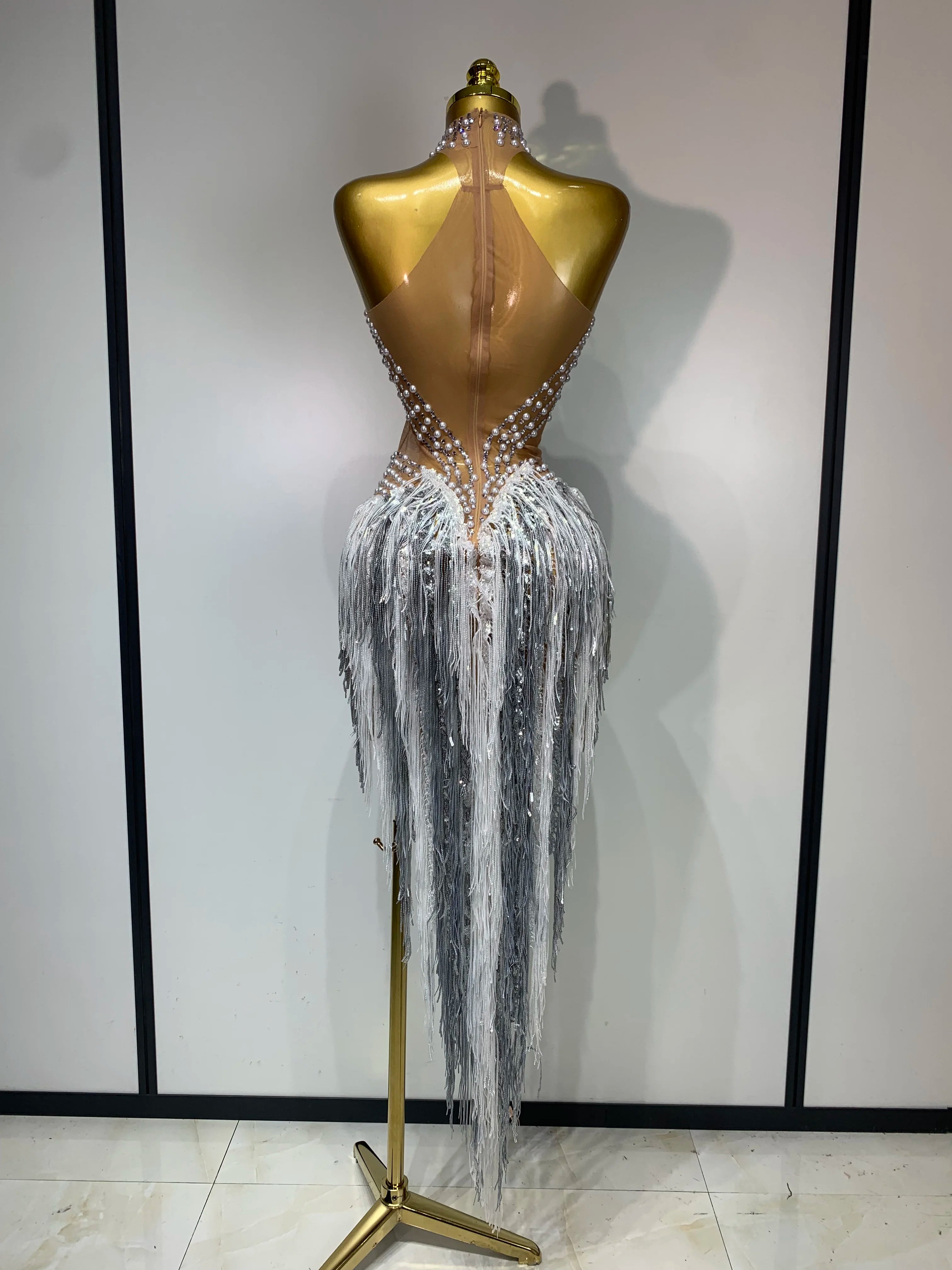 Women Sparkly Rhinestones Pearls Tassel Sexy Mesh See Through Dress Latin Dance Outfits Bar Nightclub Party Stage Costume