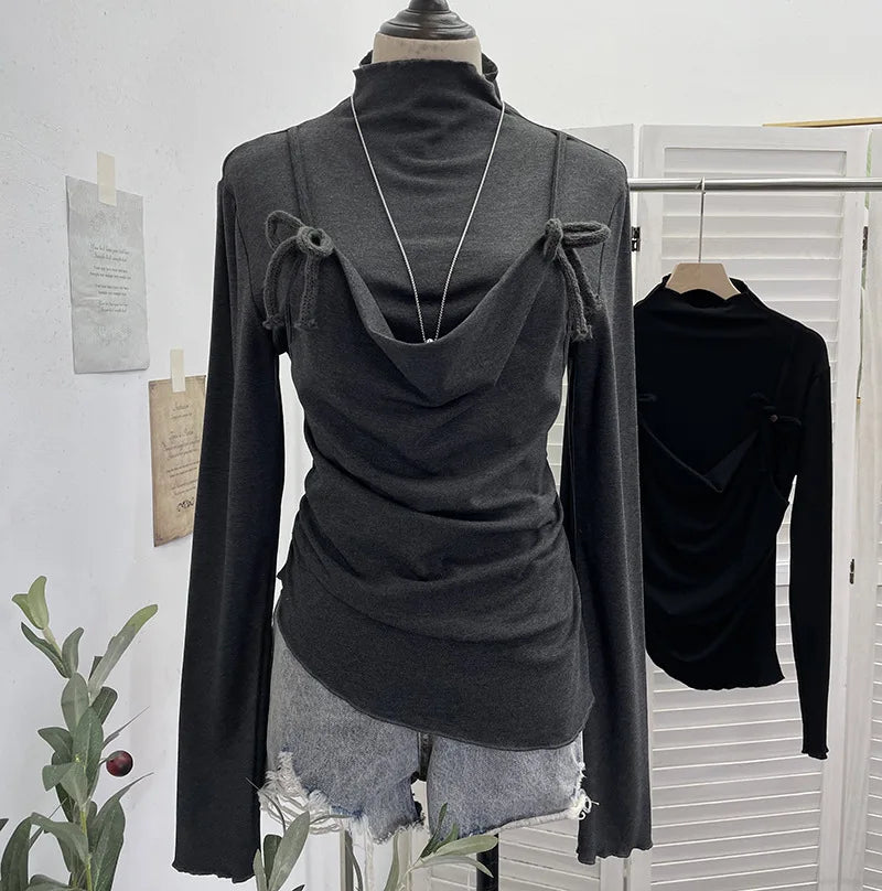 Spring New Lace-up Camisole Fake Two-piece Long Sleeve T-shirt For Women Fleece Inner Layer Base Shirt Top 11A07917 Gray One Size