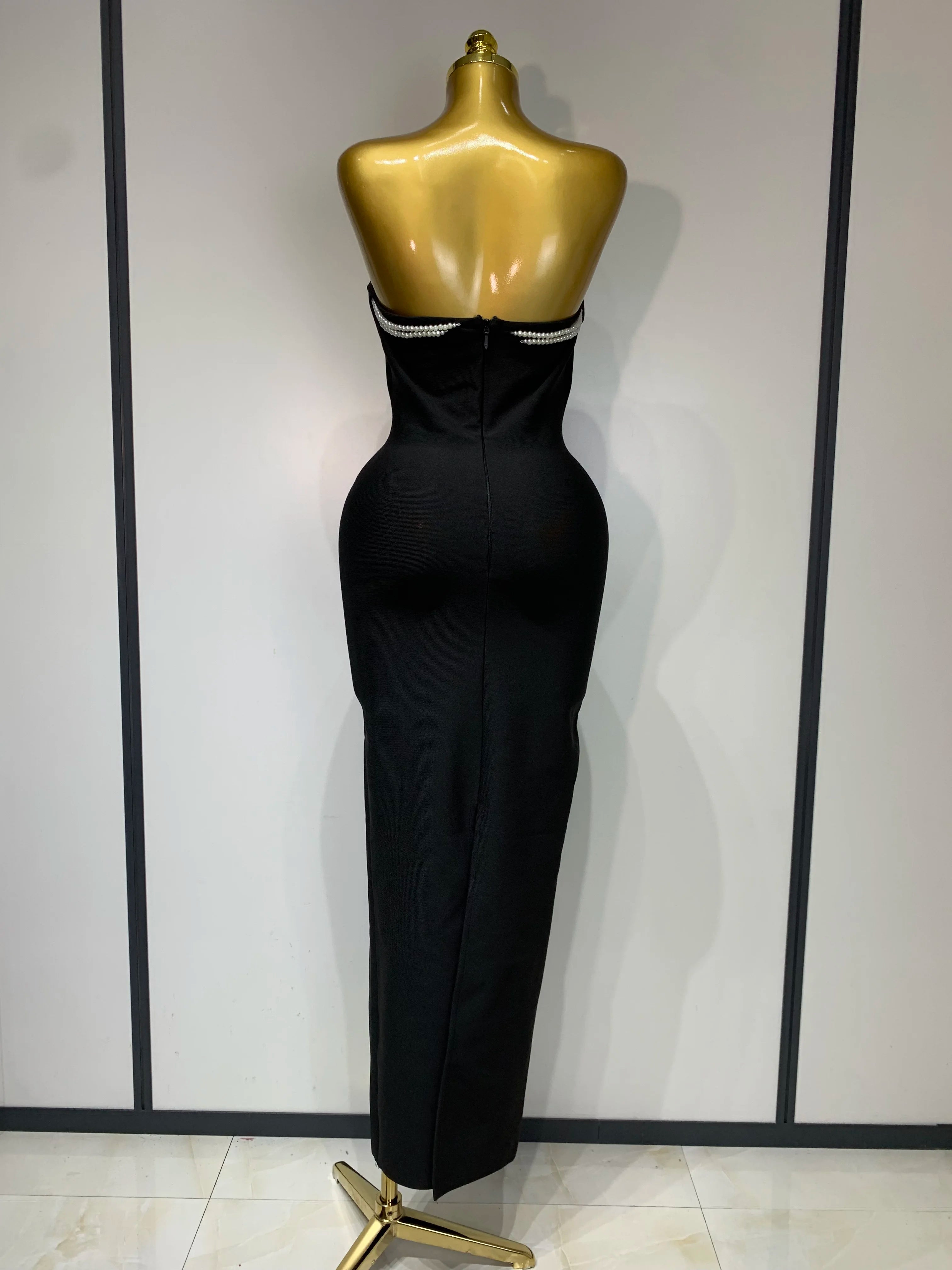 Women Sexy Backless Strapless Black Beading Long Bandage Bodycon Dress 2025 Celebrity Elegant Evening Luxury Birthday Dresses