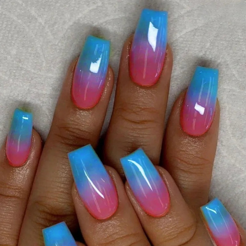 24pcs/set Medium long fake nails for women girls Y2K gradient purple blue yellow green square almond tips press on false nails 2545