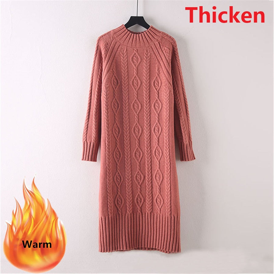 Winter Thicken Plus Velvet Sweater Dress Women's Fall Mock Neck Rib Knit Bottoming Dresses Elegant Warm Vestido Midi With Coats Thicken coral red