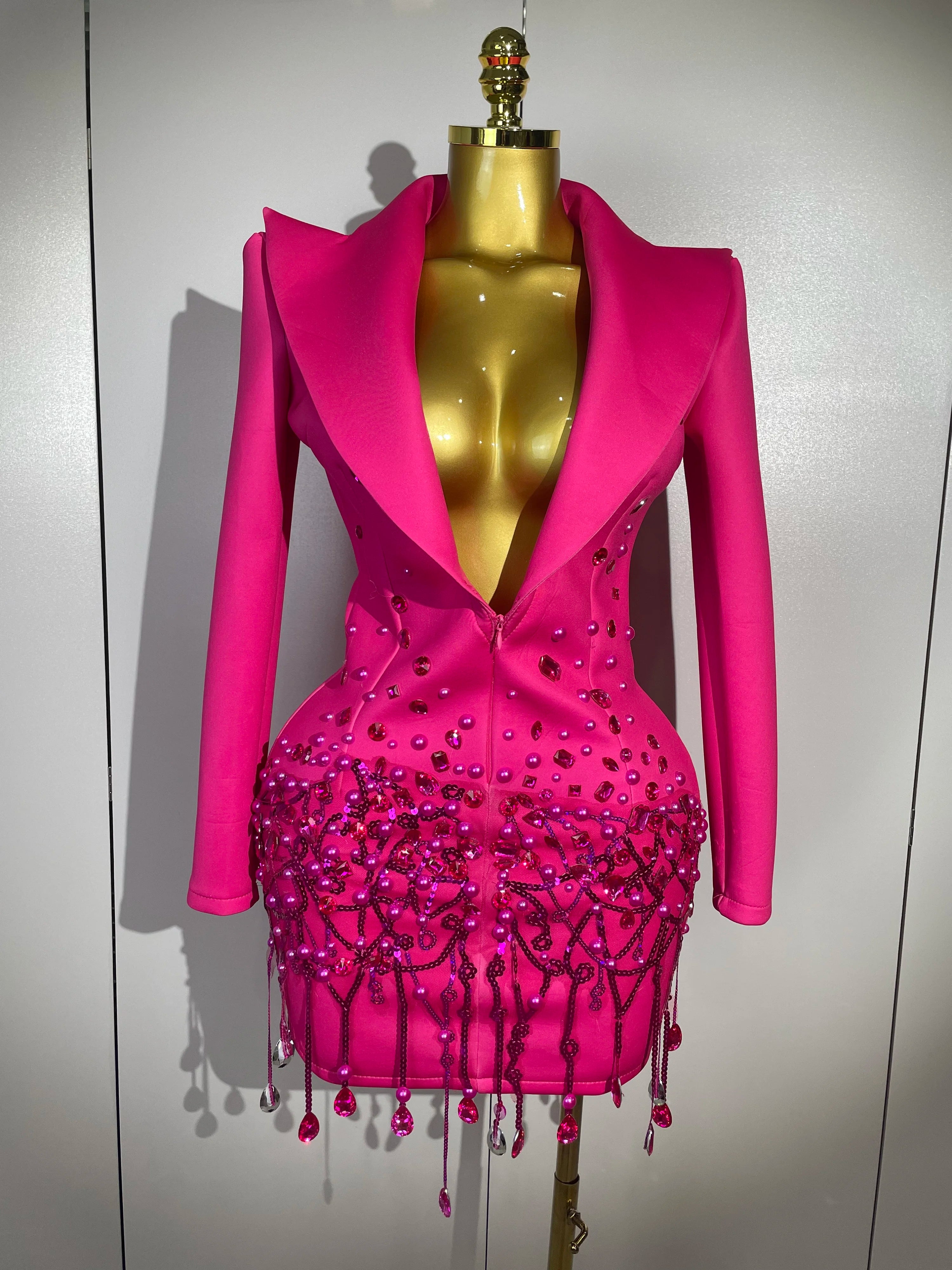 Sparkly Crystal Chains Pearls Long Sleeve Mini Dress 2025 Women Birthday Evening Party Nightclub Outfit Singer Wedding Costume Rose Red