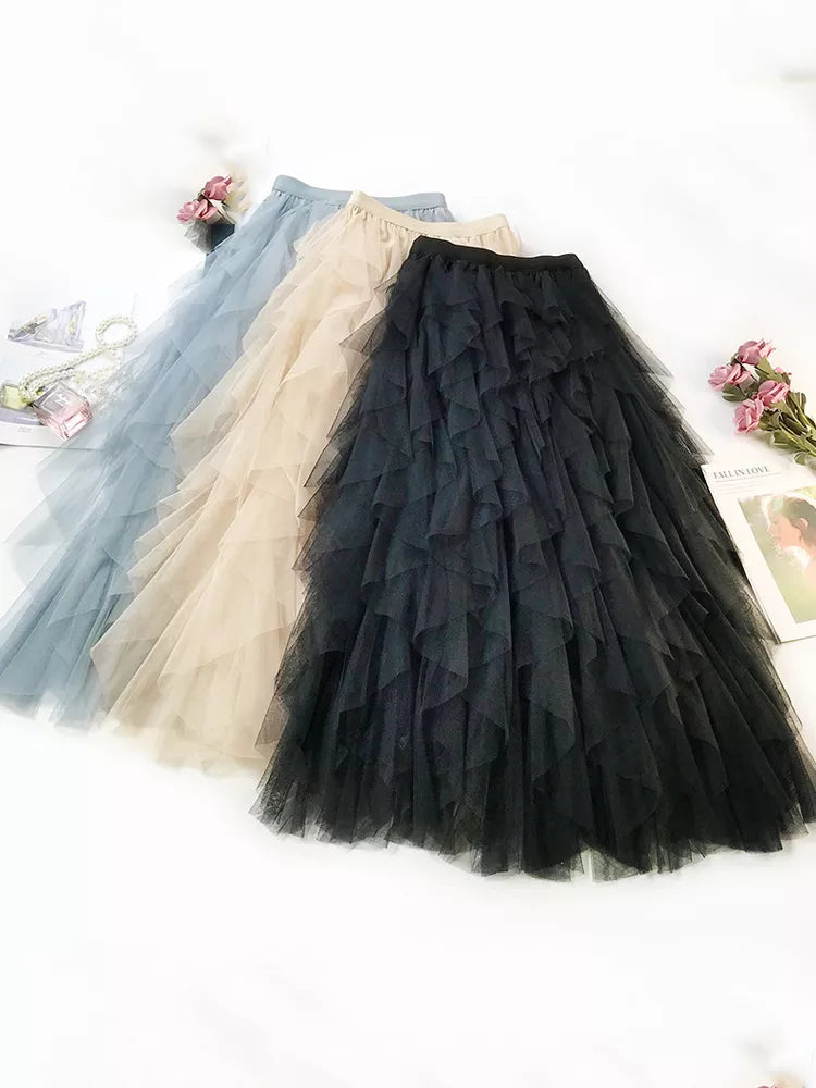Fashion Tutu Tulle Skirt Women Long Maxi Skirt Spring Summer Korean Black Pink High Waist Pleated Skirt Female