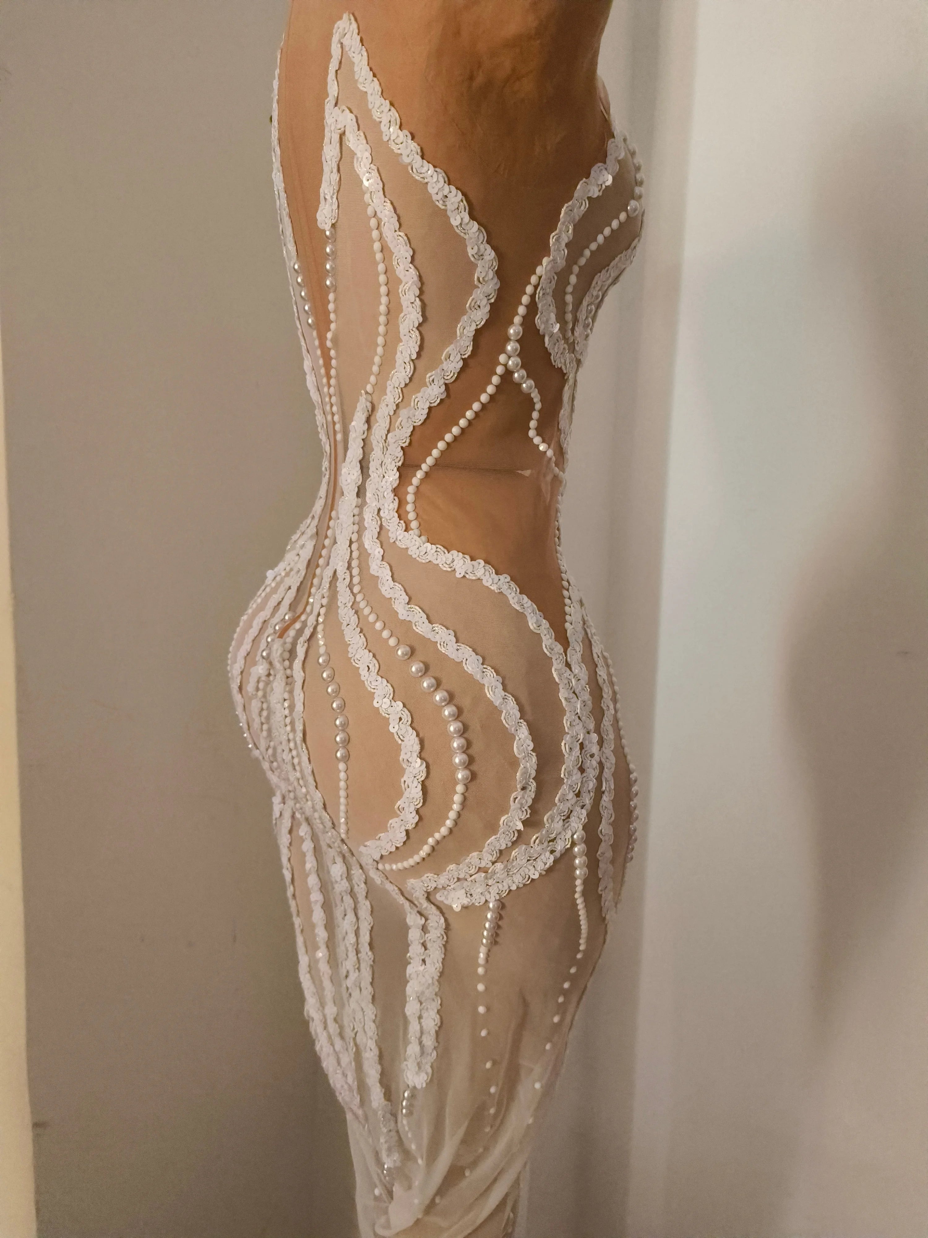 Refined White Sheer Mesh Maxi Dress Women Sexy High Neck Pearl Lace Bodycon Cocktail Nightclub Evening Gala Party Costume