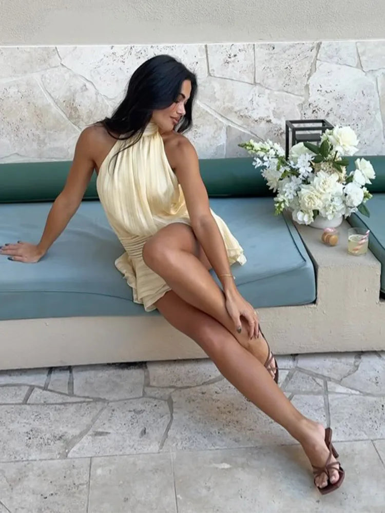 Summer Lady Gauze Lace Up Halter Short Dress Fashion Pleated Ruffles Hem Sleeveless Backless Mini Dresses Vocation Beach Robes