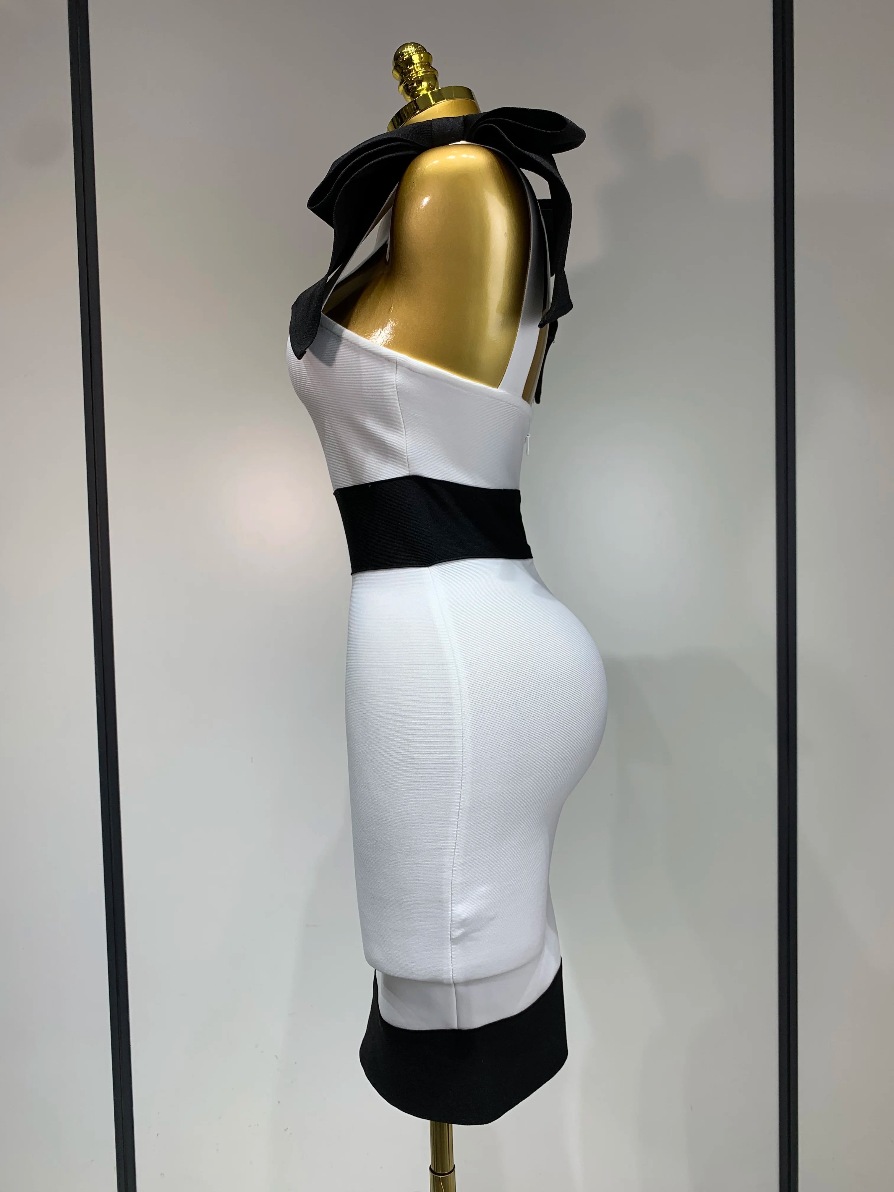 Women Sexy Bow Tie Black White Patchwork Bodycon Bandage Dress 2025 Celebrity Elegant Evening Club Party Birthday Dresses
