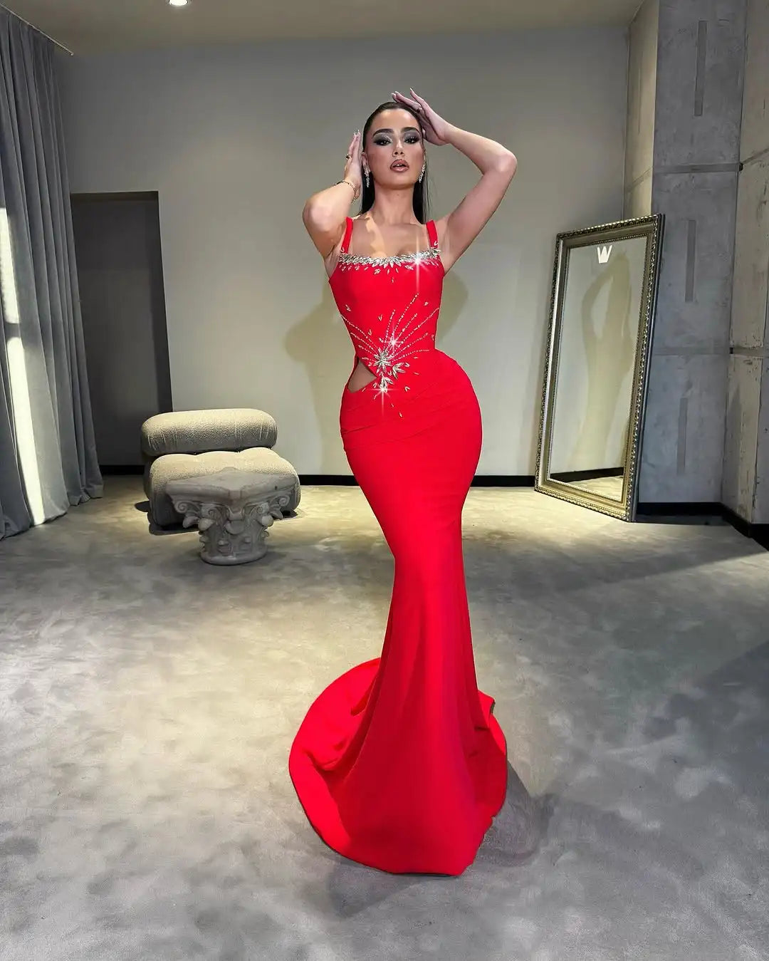 Red Color Women Sleeveless Sexy Square Collar Shinning Diamond Bodycon Long Bandage Dress Celebrate Evening Party Wedding Outfit Red