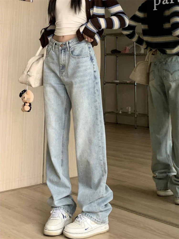 QWEEK Vintage 90s Jeans Women Y2k High Waist Light Blue Straight Pants Casual Streetwear Distressed Loose Floor Length Trousers