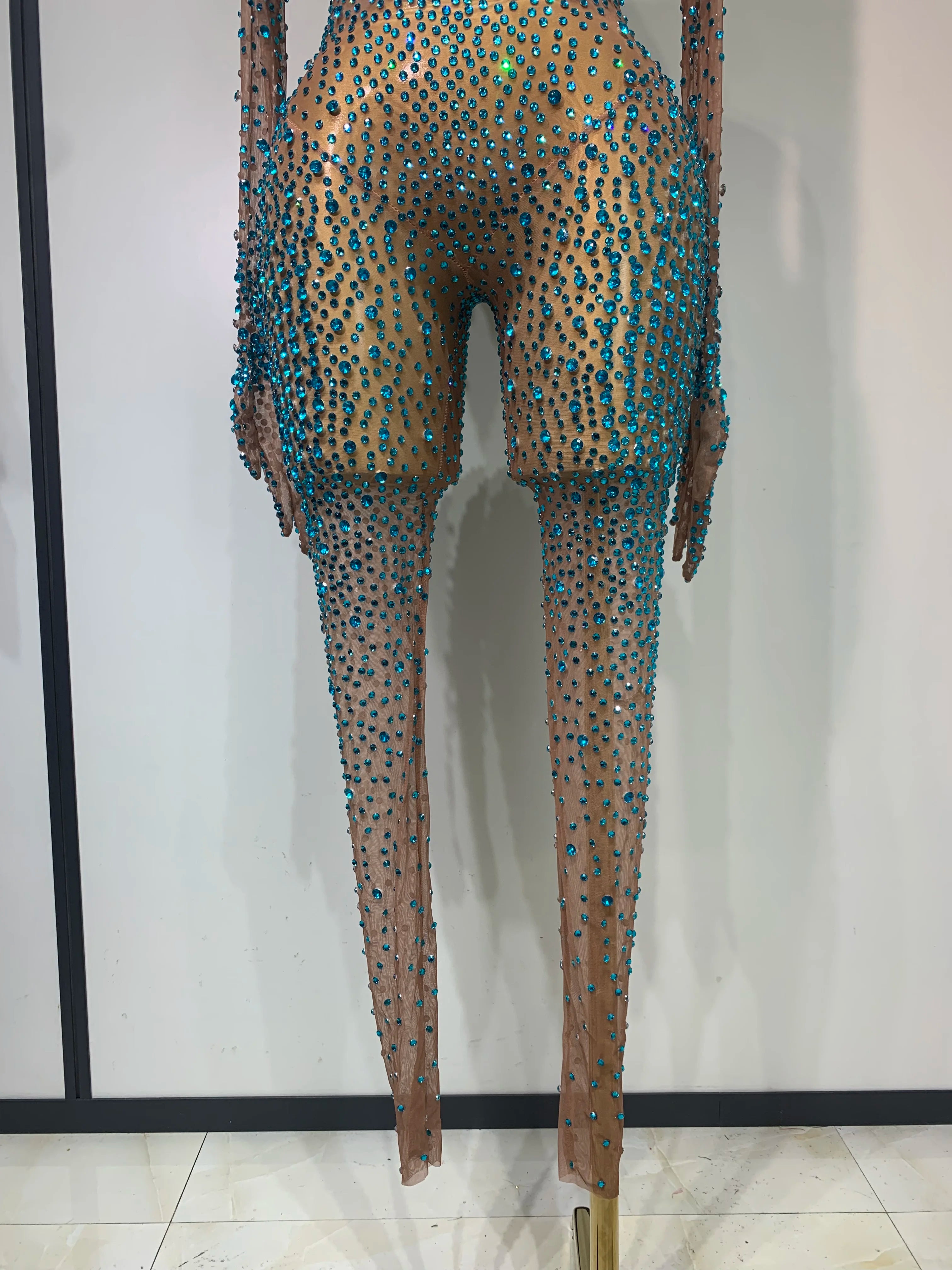 Luxury Rhinestones Bodycon Jumpsuit Sexy Women Mesh See Through Birthday Gown Women Bar Nightclub Dancer Stage Outfit