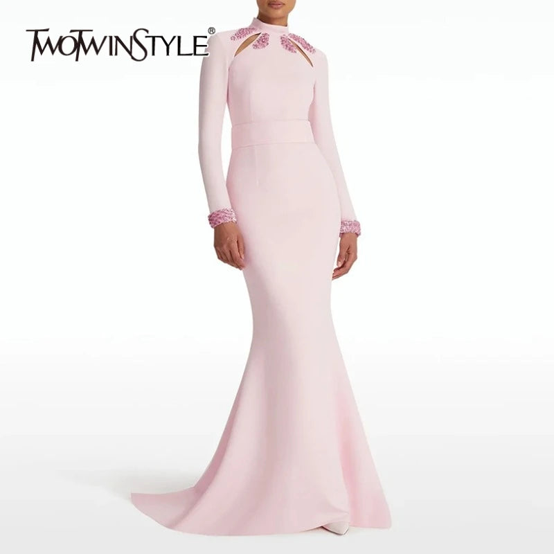 Solid Slimming Spliced Sequins Elegant Dresses for Women High Neck Long Sleeves Hollow Out Long Dress Female New