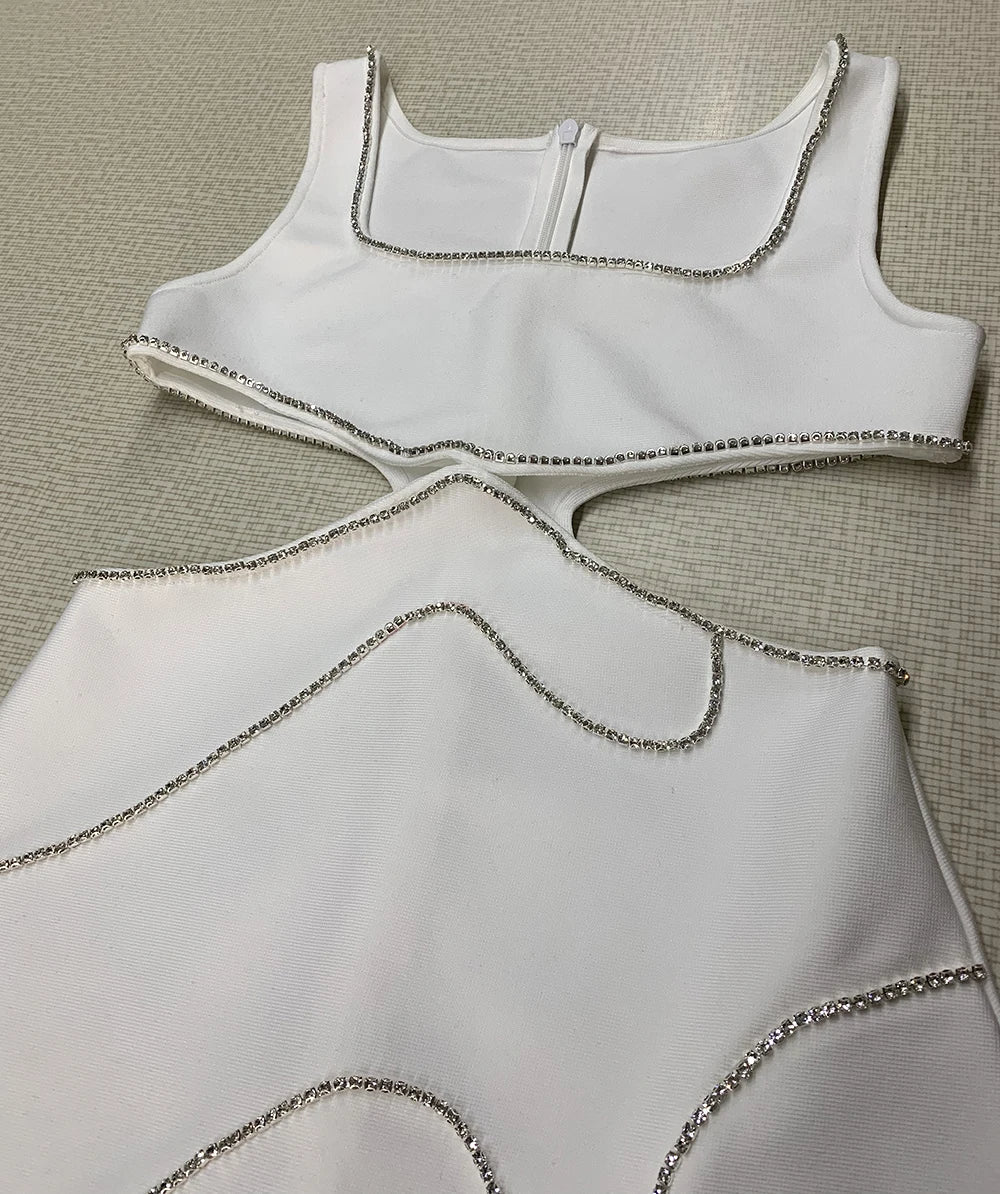 Ailigou 2023 New Summer Women'S White Sexy Luxury Diamond Cut-Out Vest Club Clothing Fashion Sleeveless Mini Bandage Dress