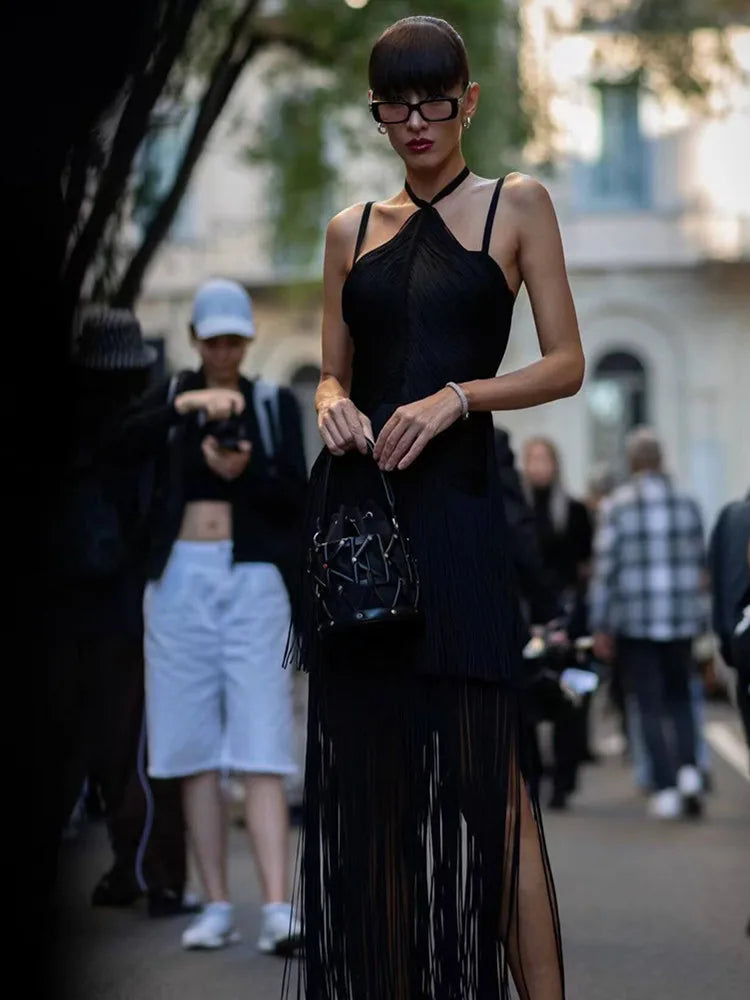 Women Celebrity Sexy Backless Tassel Green Black Ankle Length Bodycon Bandage Dress 2025 Elegant Evening Club Party Outfit