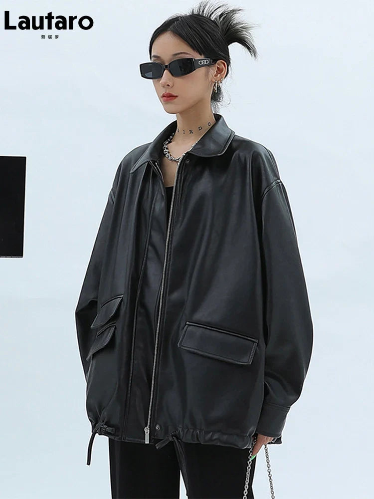 Spring Autumn Oversized Casual Waterproof Black Soft Pu Leather Jacket Women with Drop Shoulder Long Sleeve Fashion 2022