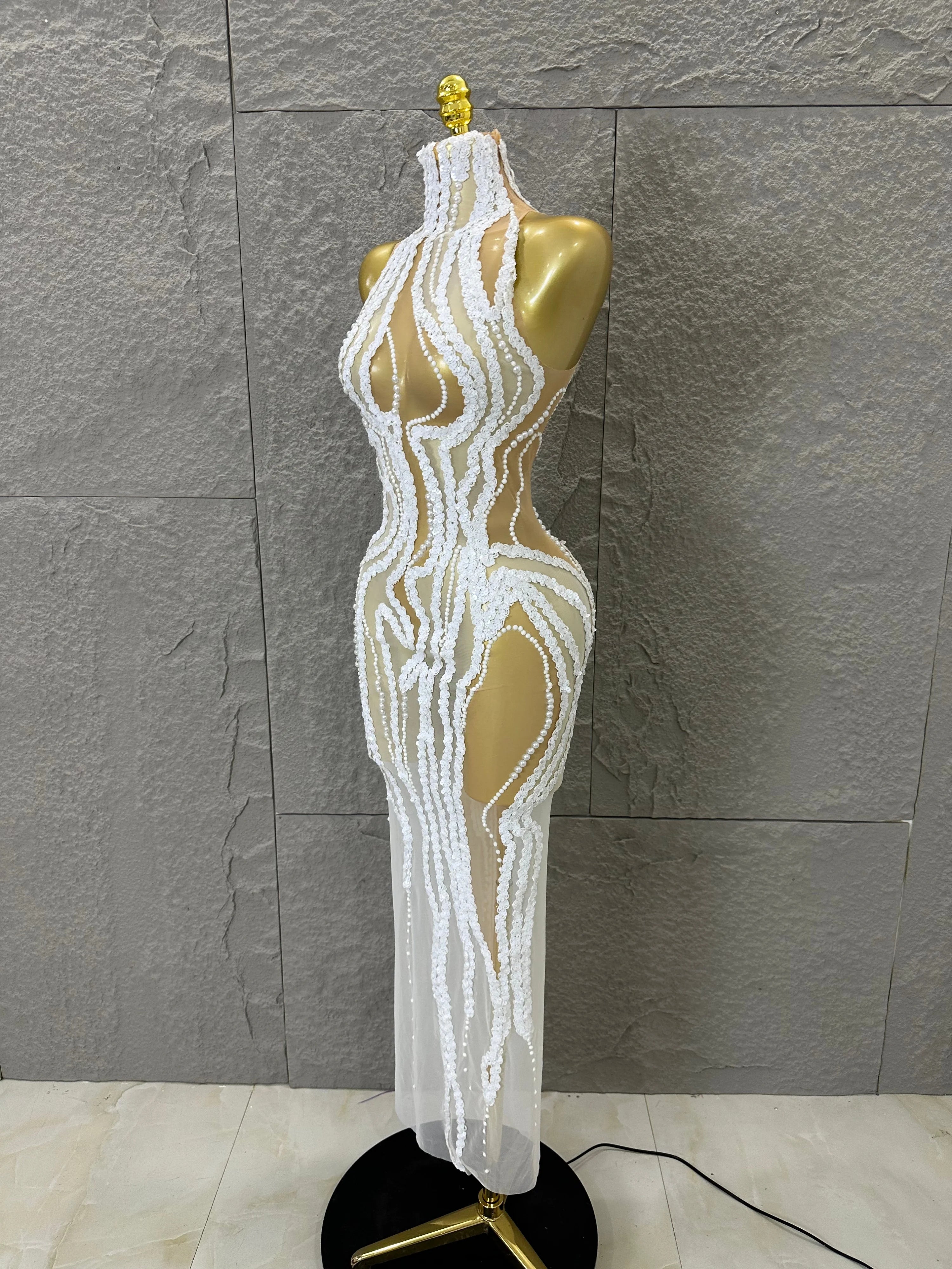 Sequined White Sheer Mesh Maxi Dress Women Sexy High Neck Pearl Lace Bodycon Cocktail Nightclub Evening Gala Party Costume