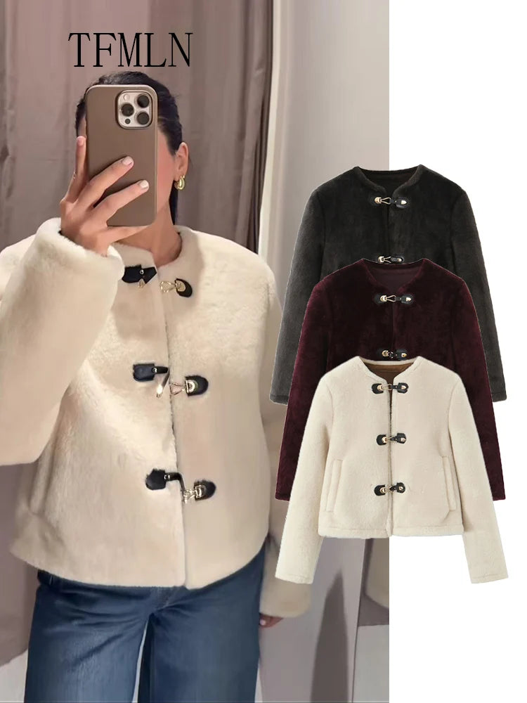 Street Women Causal Faux Fur Jackets 2025 Autumn Winter Fashion O-neck Single Breasted Loose Coats Vintage Warm Chic Outwear