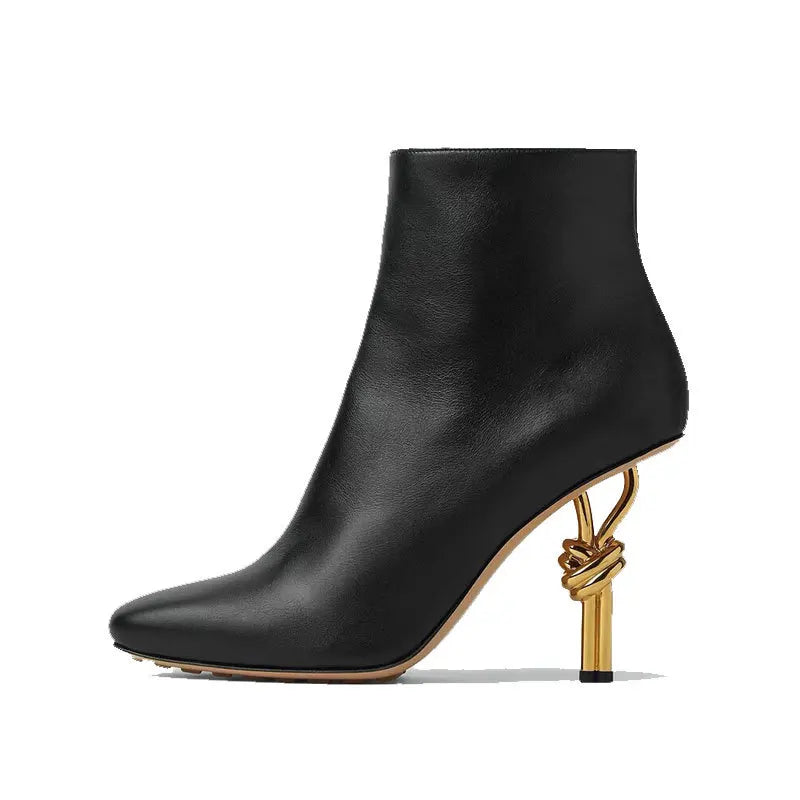 Women Metal Knot Shaped Heel Boots High Heel Ankle Nude Boots Elegant Office Side Zip Square Toe Heels Boots as photo