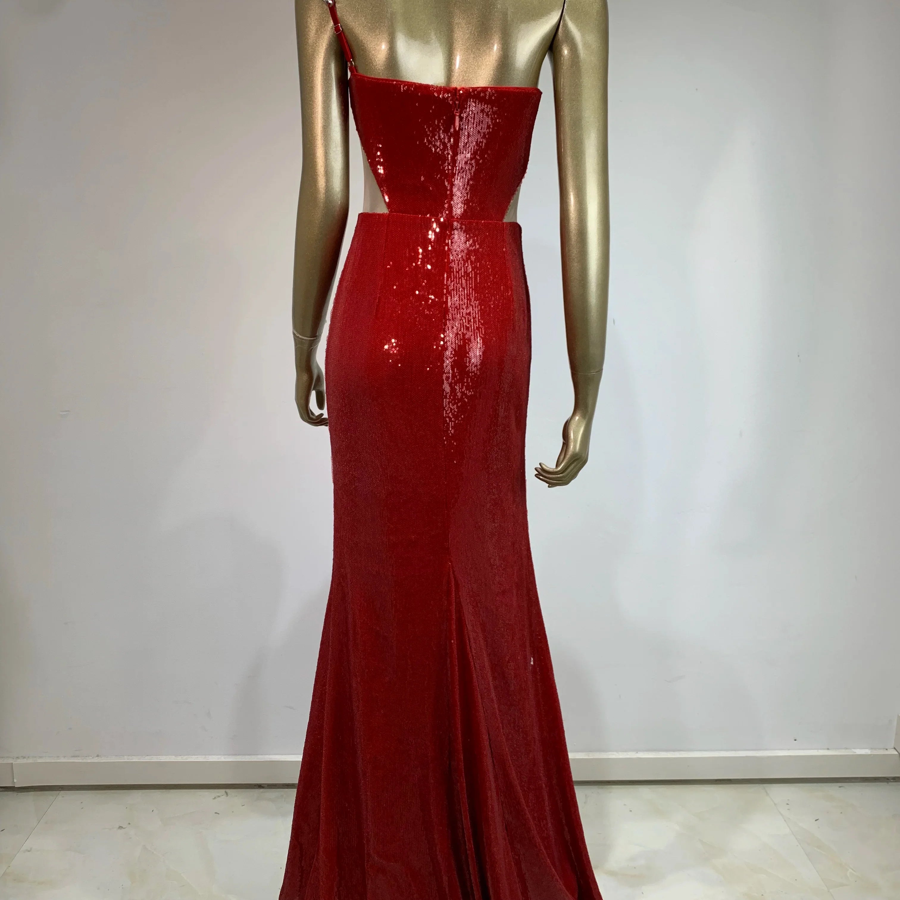 Sexy One Shoulder Cut Out Red Mesh Sequins Red Maxi Long Women Celebrity Dress Elegant Party Evening Club Vestido