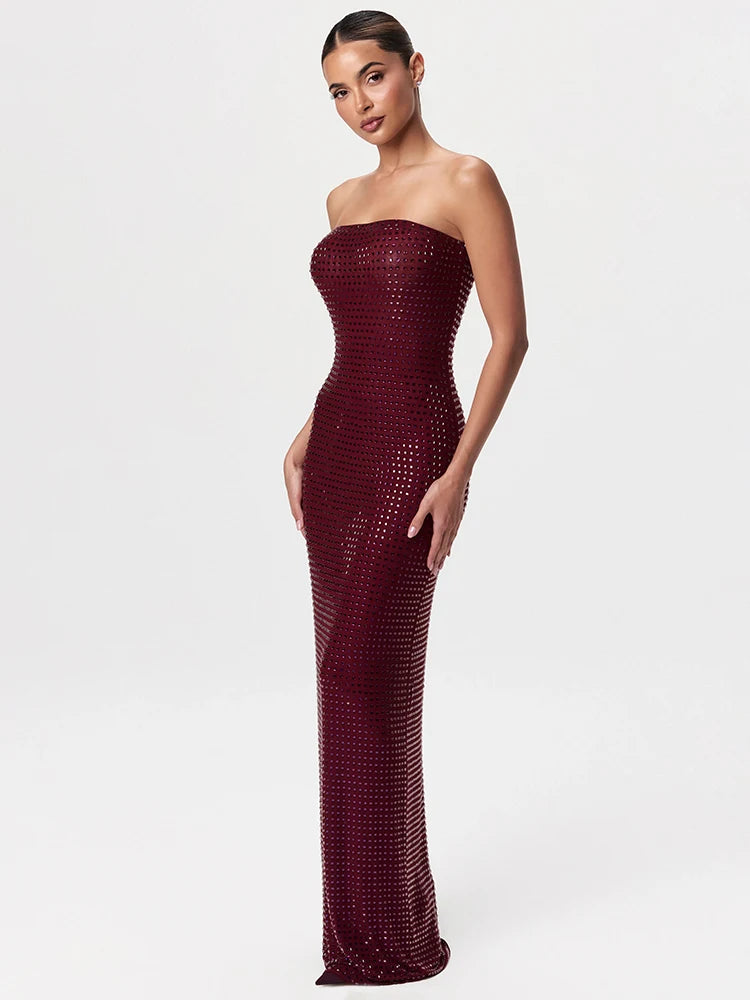 Redwine Beaded Strapless Long Maxi Dress For Women Elegant Sleeveless Backless Sparkle Crystals Bodycon Cocktail Evening Gown