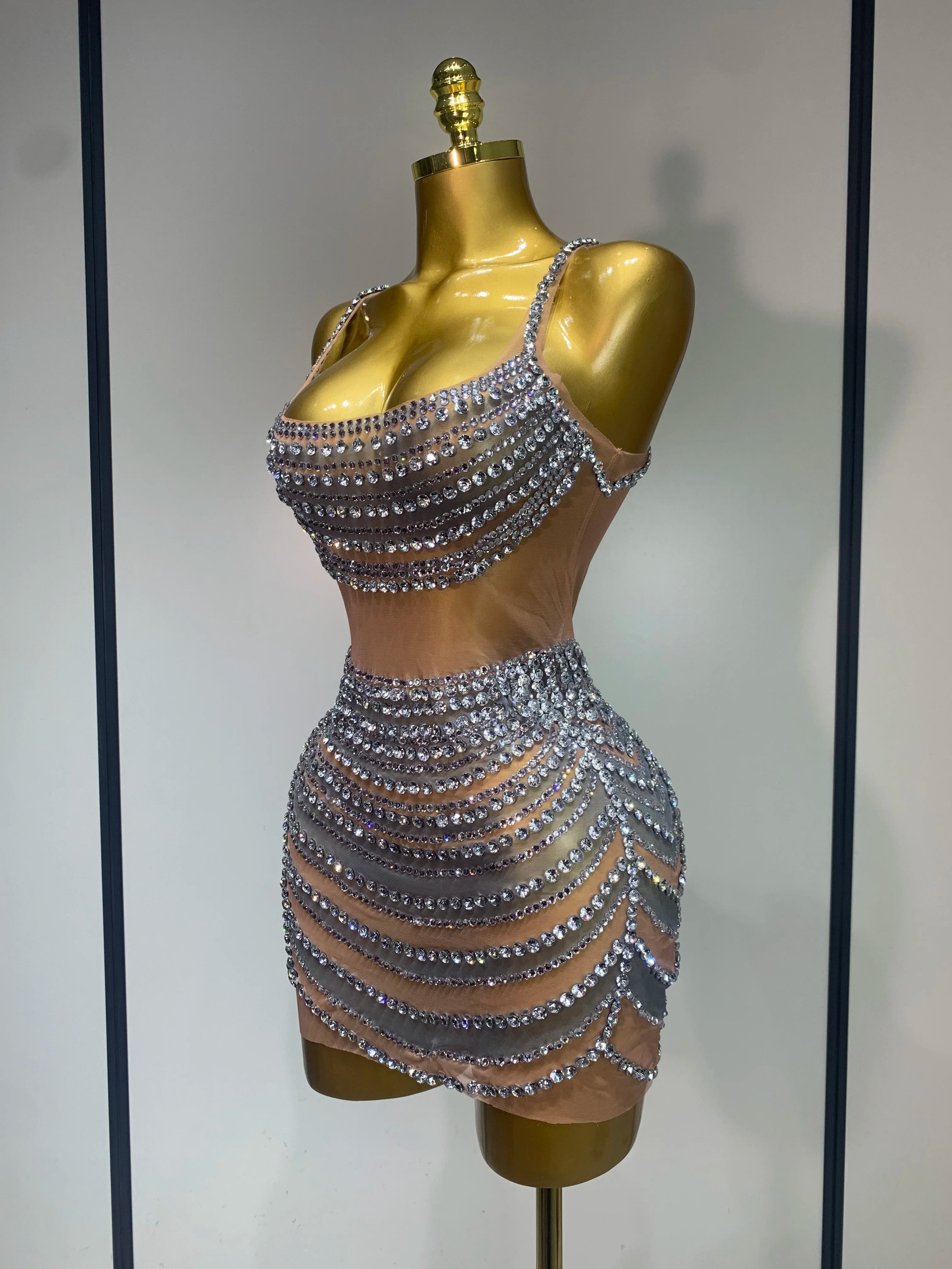 Sparkly Rhinestones Sleeveless Mini Dress Evening Birthday Celebrate Evening Party Dress Nightclub Stage Performance Costume