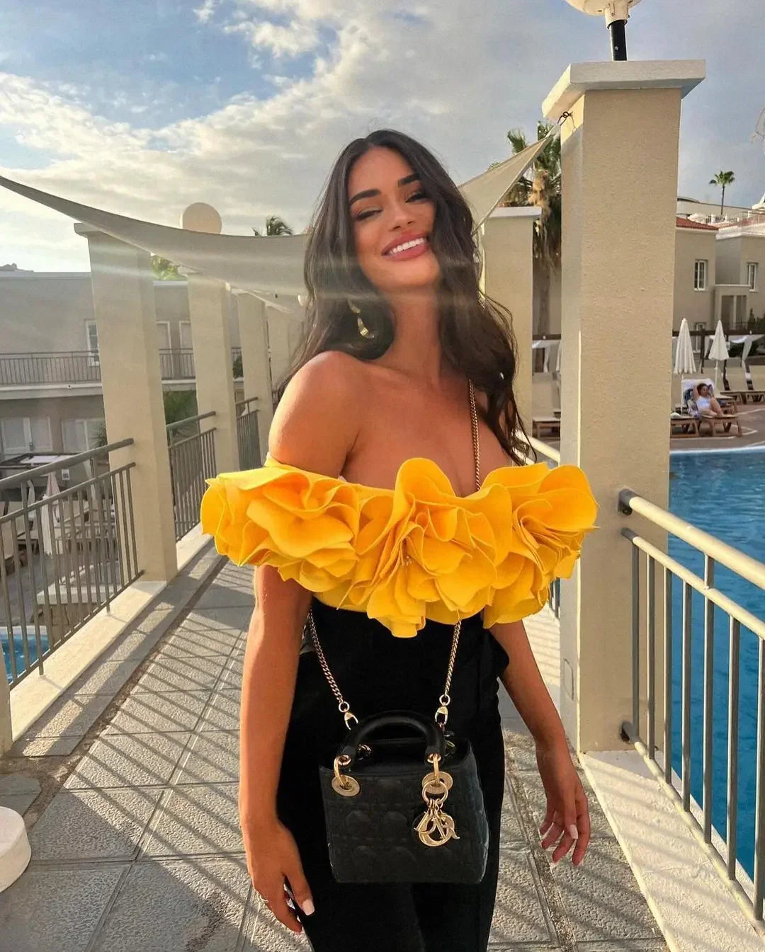 Solid Yellow Women Sexy 3D Flower One Piece Swimsuit Swimwear Off Shoulder Beachwear Summer Monokini Surf Wear Bathing Suit