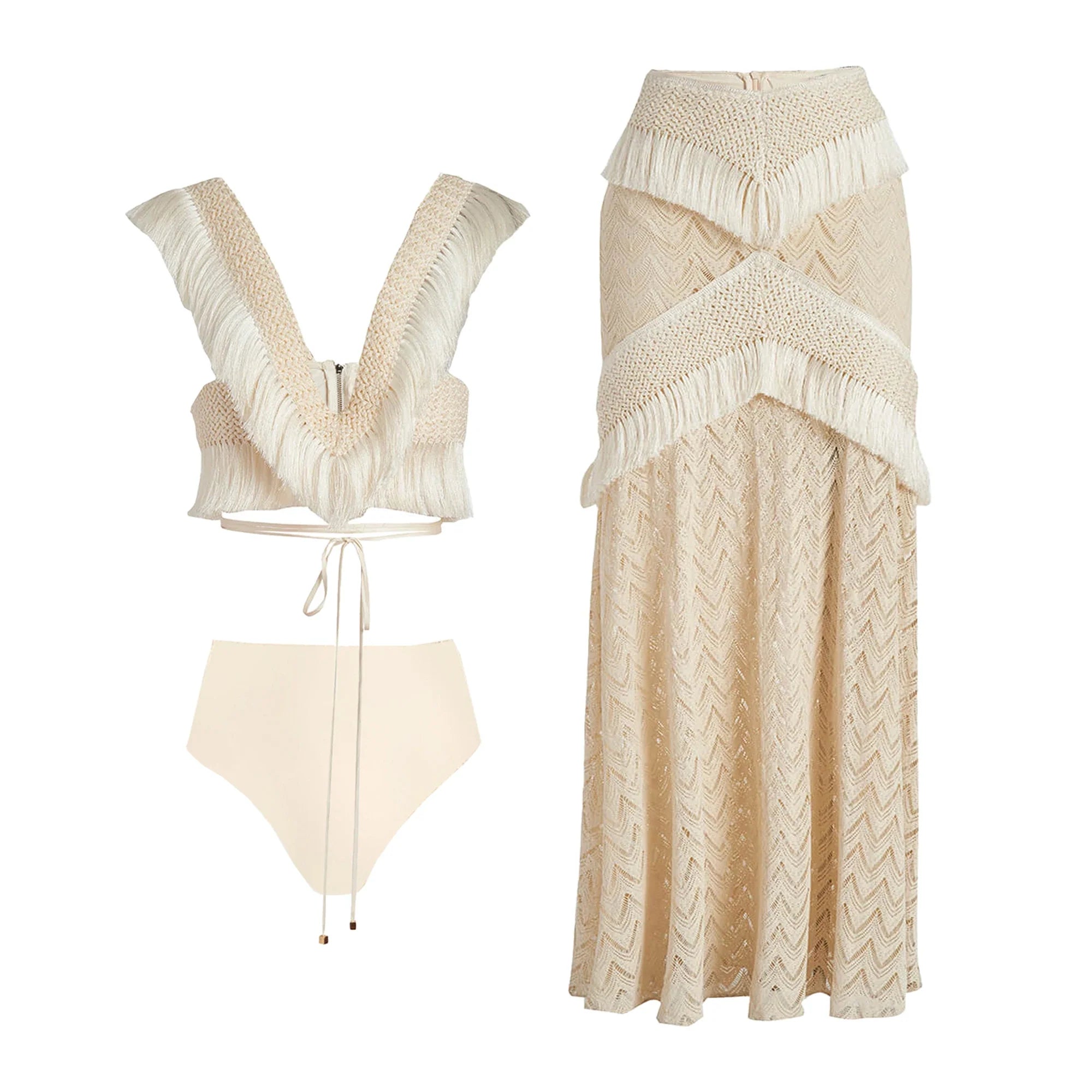 V Neck Fringe Trim Bikini Swimsuit High Waist Swimwear with Skirt for Women Halter Bathing Suits Print Summer Female LY24518W