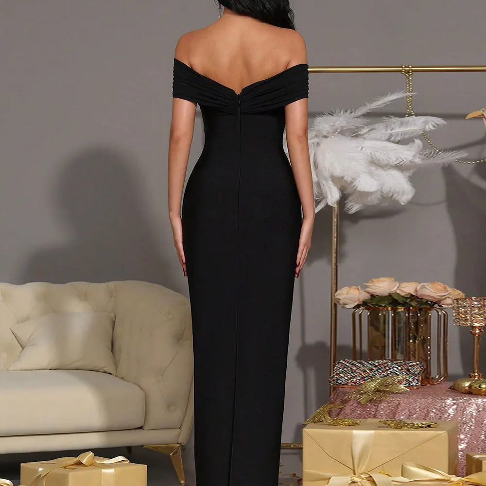 2025 Women's Light Luxury Nail Diamond Design Bandage Dress with Off Shoulder Shoulder Sleeve Bodycon Long Dress Party Vestidos