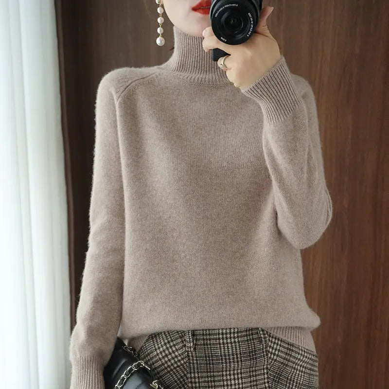 Turtleneck Pullover Fall/winter 2023 Cashmere Sweater Women Pure Color Casual Long-sleeved Loose Pullover Bottoming Women's Light Camel