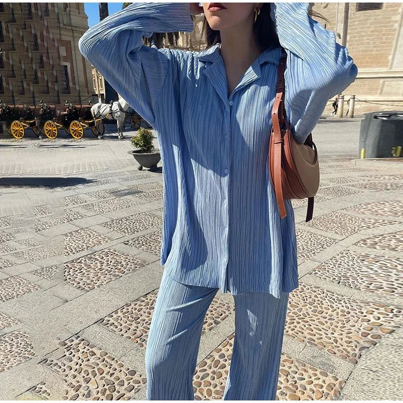 Pleated Solid Women Set Long Sleeve Shirts and Straight Wide Leg Pants Suits Tracksuit Two Piece Set Fitness Outfits SKY BLUE