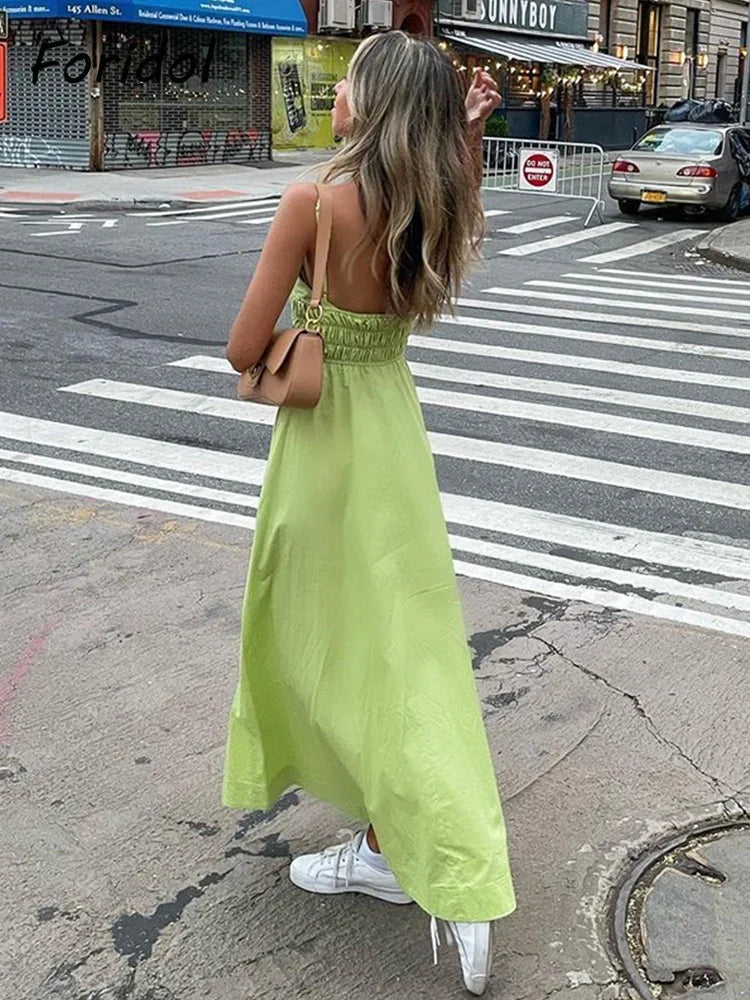 Foridol Elastic Smocking Green Cotton V Neck Summer Women's Dress Sleevless Long Green Maxi Casual Strapy Dress Solid Female