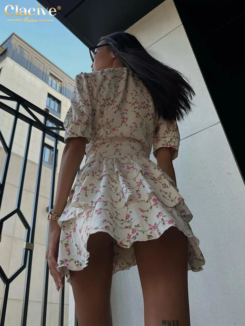 Clacive Summer Slim Print Women's Dress Sexy V-Neck Short Sleeve Mini Dresses Elegant High Waist Pleated Female Dress