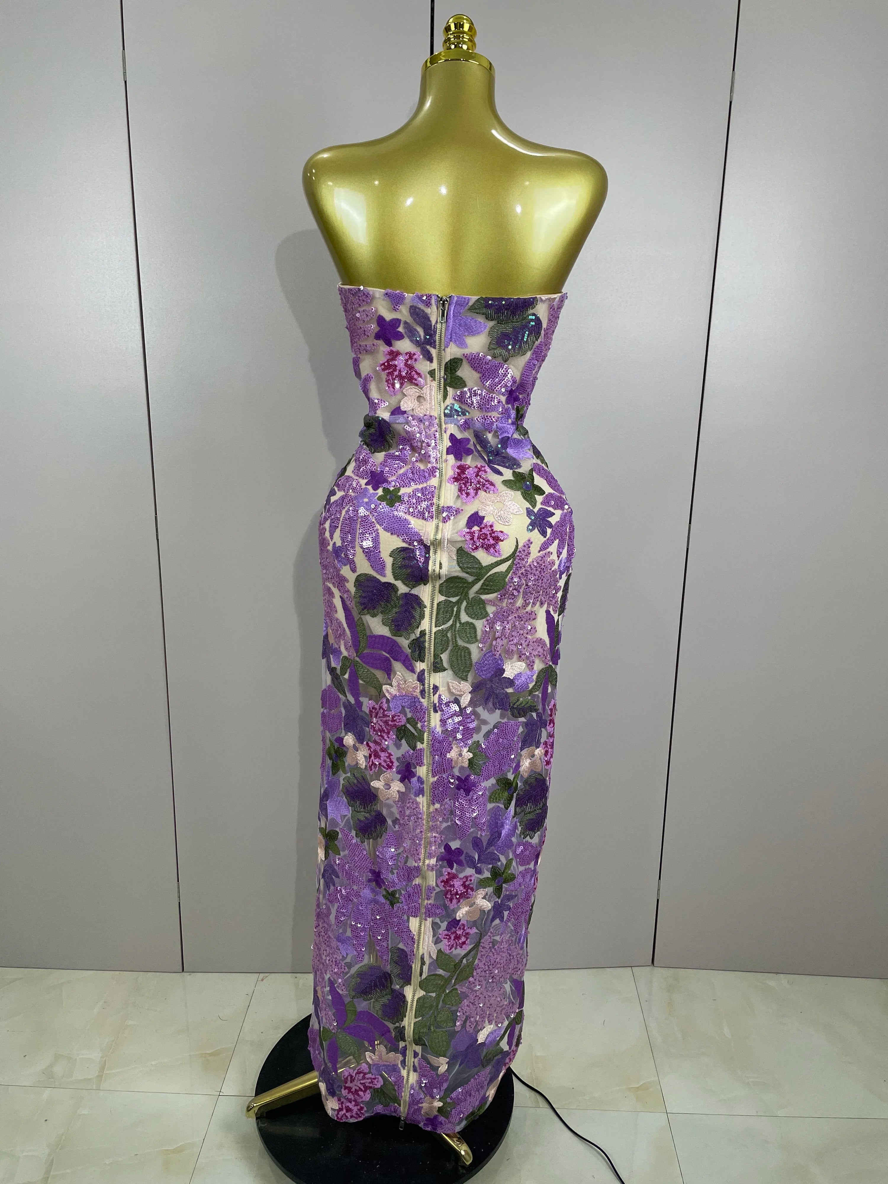 2025 New Sexy Strapless Floral Sequin Long Dress Women Sequins Flower Backless Long Slim Dress Evening Party Runway Gown Dress