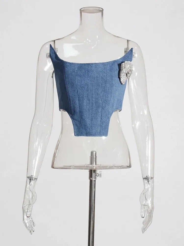 Denim Irregular Vests For Women Slash Neck Sleeveless Patchwork Appliques Slimming Vintage Vest Female Fashion 2023