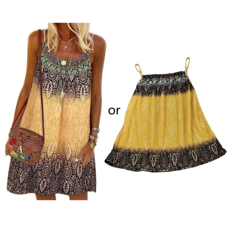 Summer Spaghetti Strap O-Neck A-Line Mini Swing Dress Boho Vintage Colorful Floral Print Loose Beach Cami Sundress Yellow