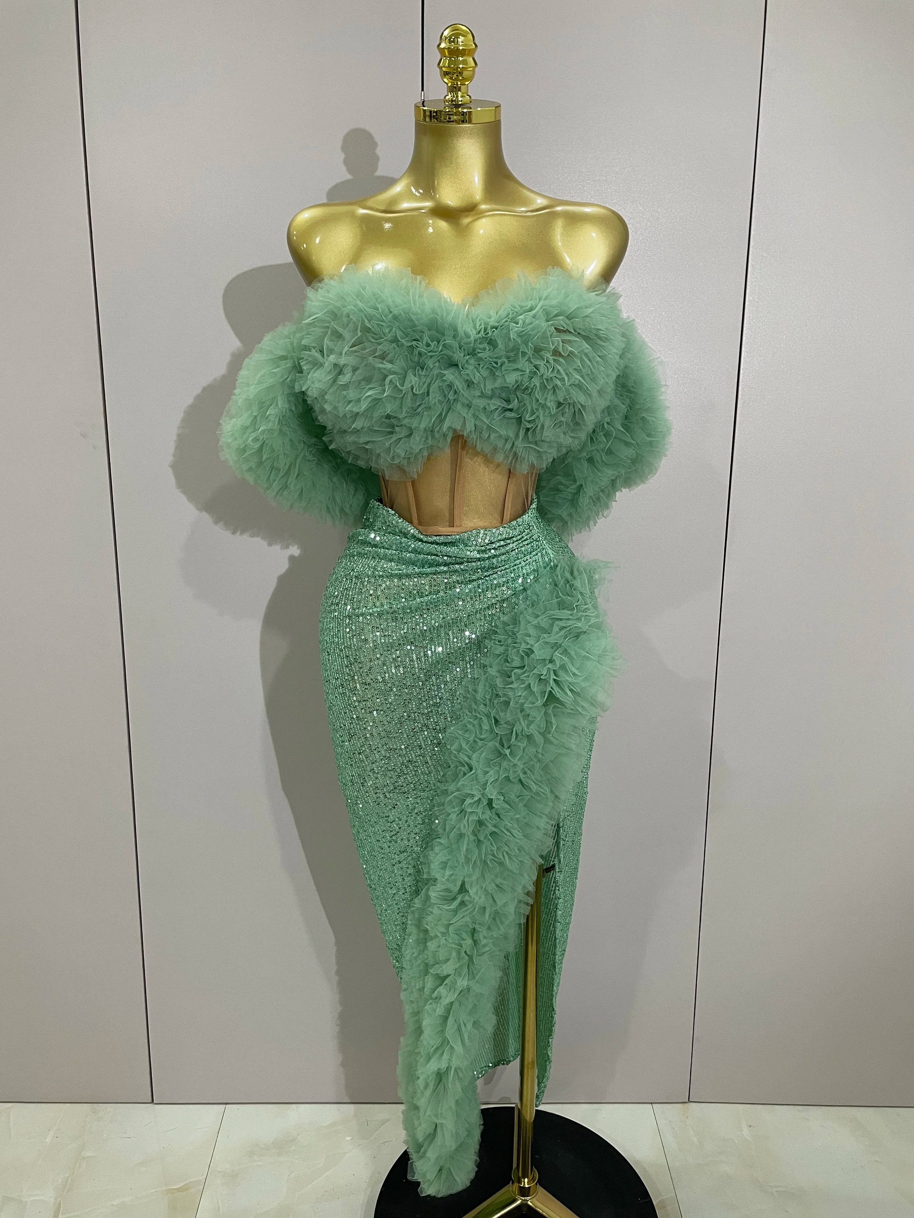 2025 Women White Sequins Top Short Skirt Two Pieces Set Sexy Celebrate Evening Prom Birthday Dress Nightclub Stage Outfit green